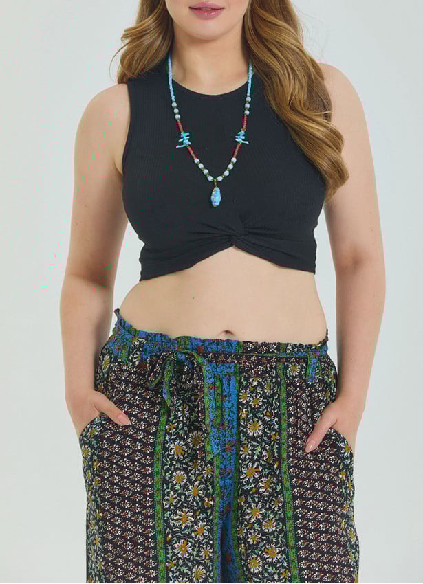 Navy Blue Women's Plus Size Trousers with Elastic Waist Belt Detail 4619